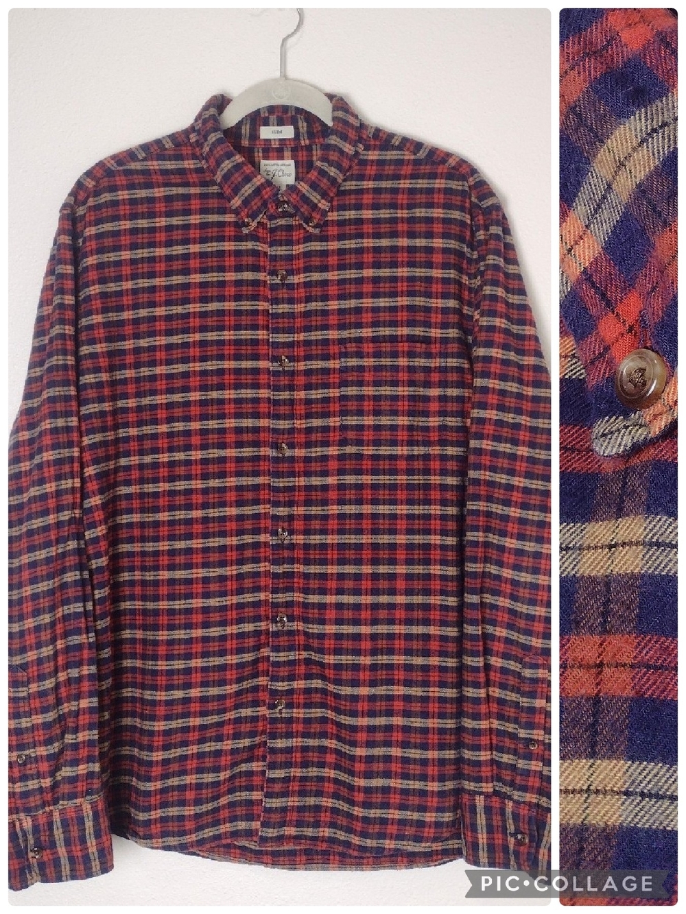 J. Crew Plaid Flannel Long Sleeve Button Down Shirt Slim Fit Blue Orange XL